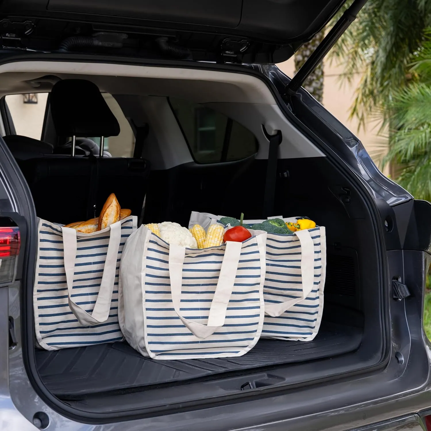Reusable Canvas Grocery Shopping Bags with Bottle Sleeves - Easy to Organize, Convenient to Carry, Sturdy, Washable and Foldable Cotton Grocery Tote Bags with 80 LB Capacity (Blue Stripe - 3 Bags)