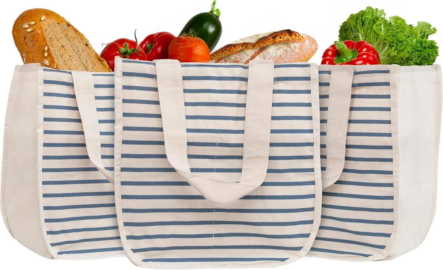 Reusable Canvas Grocery Shopping Bags with Bottle Sleeves - Easy to Organize, Convenient to Carry, Sturdy, Washable and Foldable Cotton Grocery Tote Bags with 80 LB Capacity (Blue Stripe - 3 Bags)