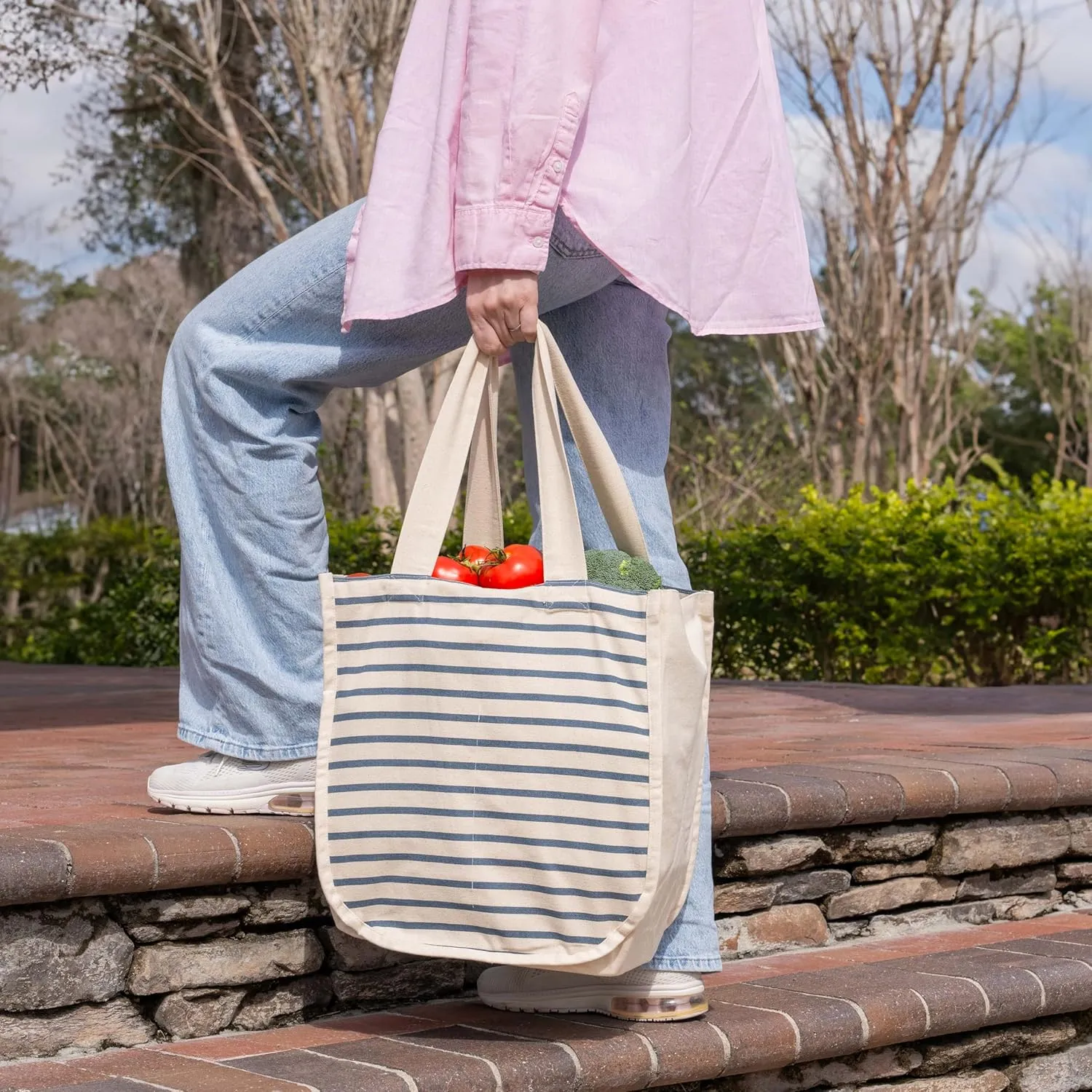 Reusable Canvas Grocery Shopping Bags with Bottle Sleeves - Easy to Organize, Convenient to Carry, Sturdy, Washable and Foldable Cotton Grocery Tote Bags with 80 LB Capacity (Blue Stripe - 3 Bags)