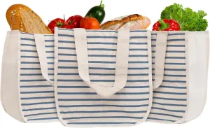 Reusable Canvas Grocery Shopping Bags with Bottle Sleeves - Easy to Organize, Convenient to Carry, Sturdy, Washable and Foldable Cotton Grocery Tote Bags with 80 LB Capacity (Blue Stripe - 3 Bags)