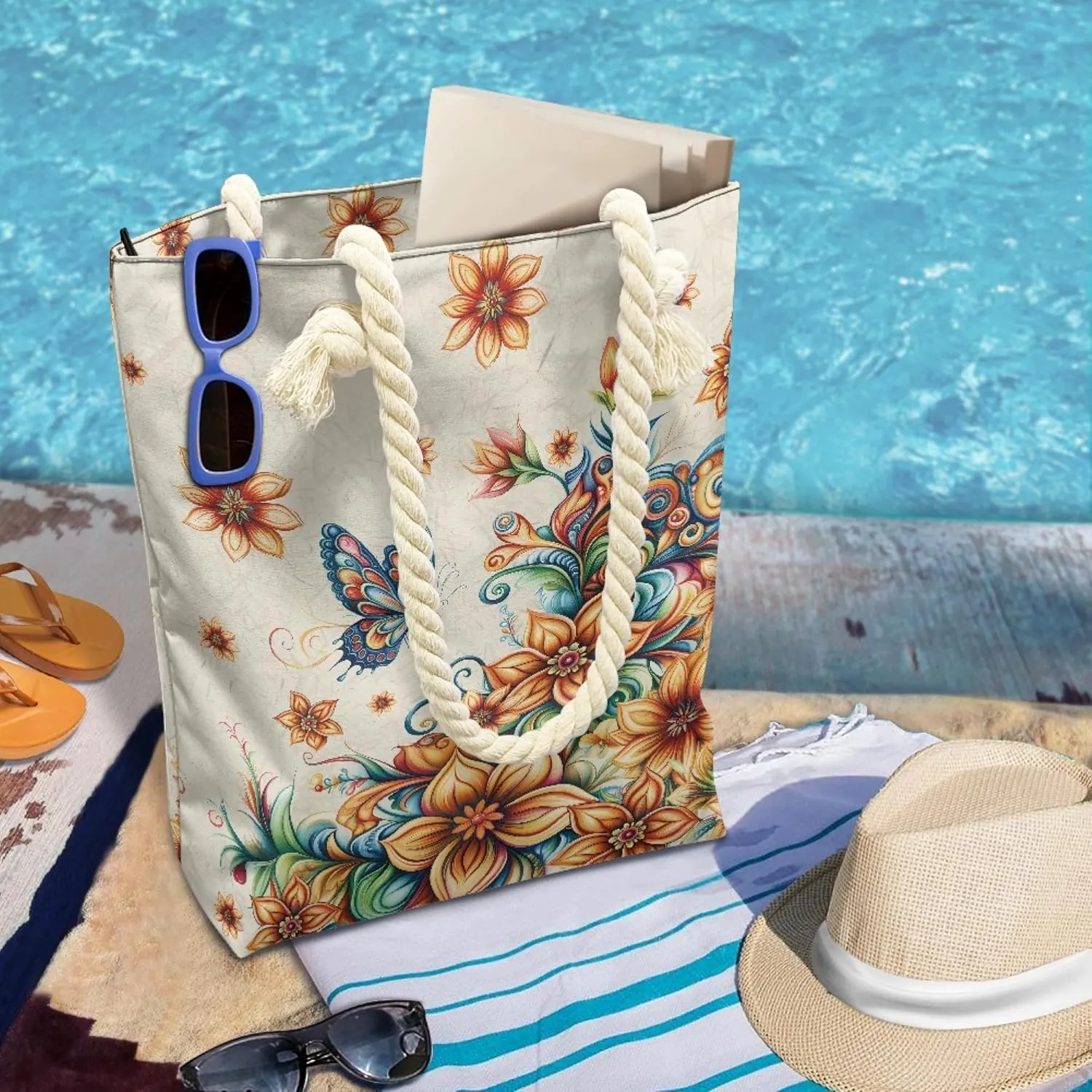 Reusable Grocery Bags Large Capacity Zipper Tote Bag Lightweight Beach Tote for Women