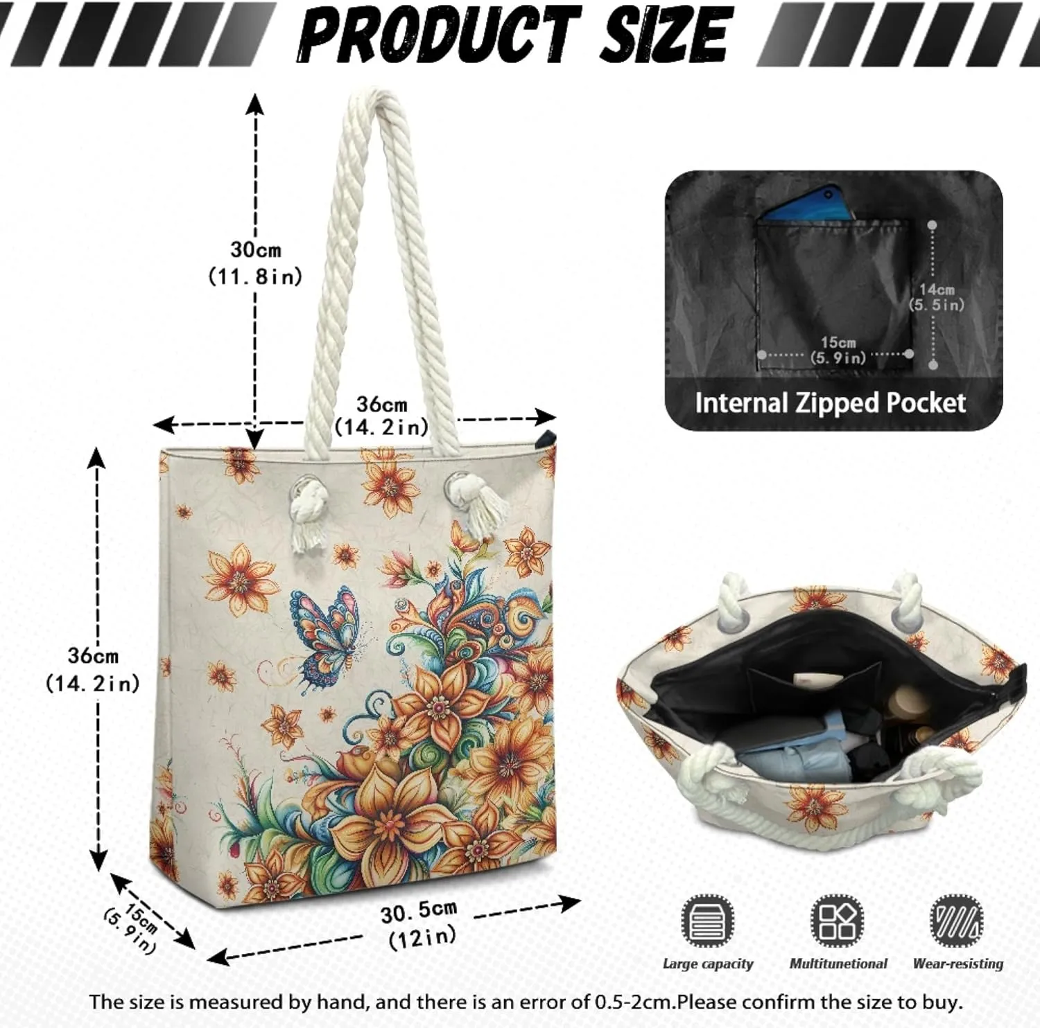 Reusable Grocery Bags Large Capacity Zipper Tote Bag Lightweight Beach Tote for Women