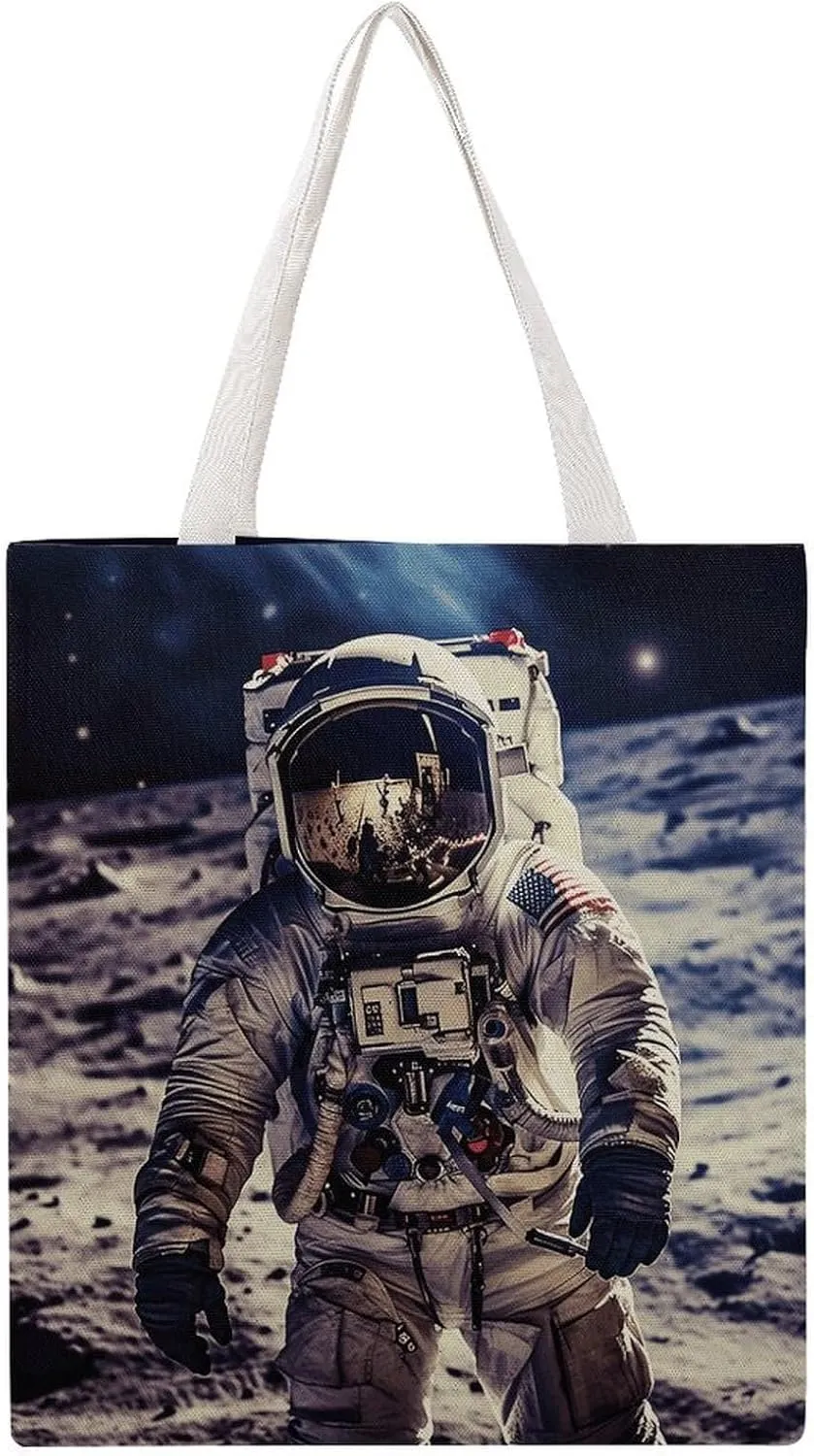 Reusable Grocery Bags US Astronaut Travel Moon Shopping Bag Lightweight Shoulder Bags Large Tote Bag for Travel Work Handbag