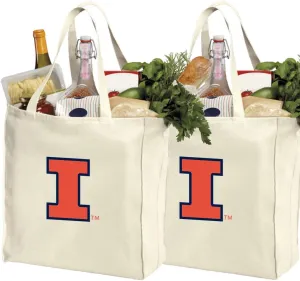 Reusable University of Illinois Shopping Bags or Illini Grocery Bag 2Pc SET NATURAL COTTON