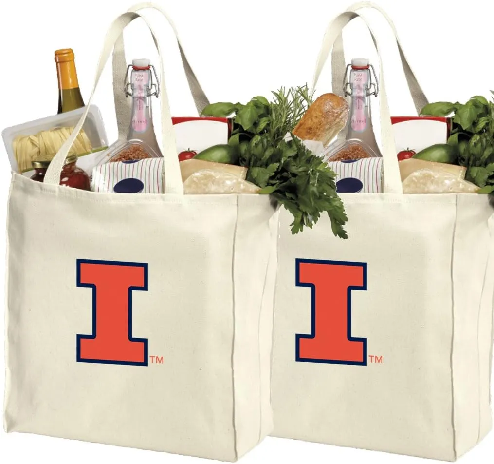 Reusable University of Illinois Shopping Bags or Illini Grocery Bag 2Pc SET NATURAL COTTON