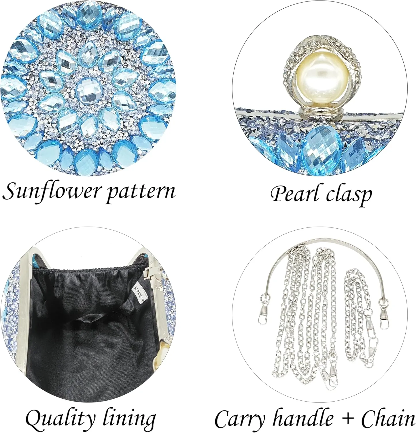 Rhinestone Clutch Purses for Women Evening Wedding Formal - Round Pearl Clasp Handbag - Crystal Diamond Bag