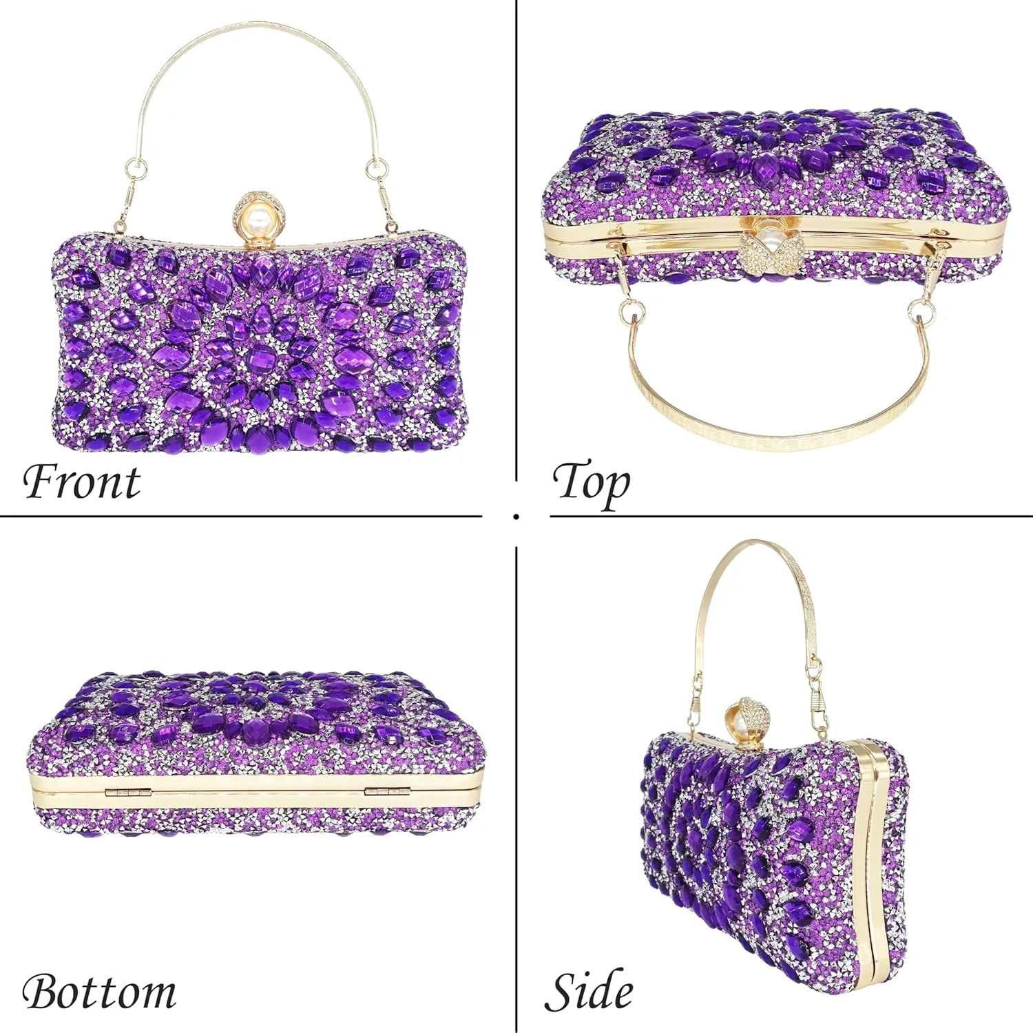 Rhinestone Clutch Purses for Women Evening Wedding Formal - Round Pearl Clasp Handbag - Crystal Diamond Bag
