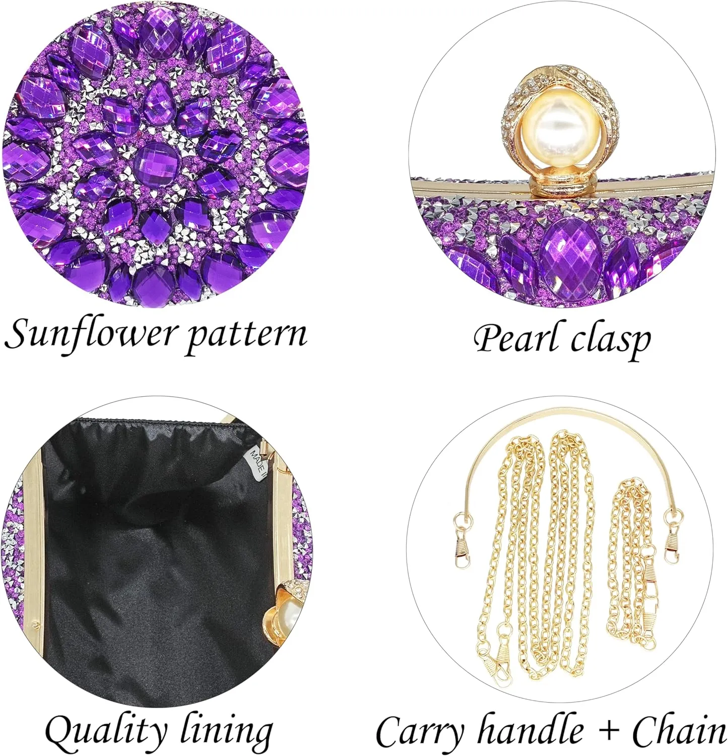 Rhinestone Clutch Purses for Women Evening Wedding Formal - Round Pearl Clasp Handbag - Crystal Diamond Bag