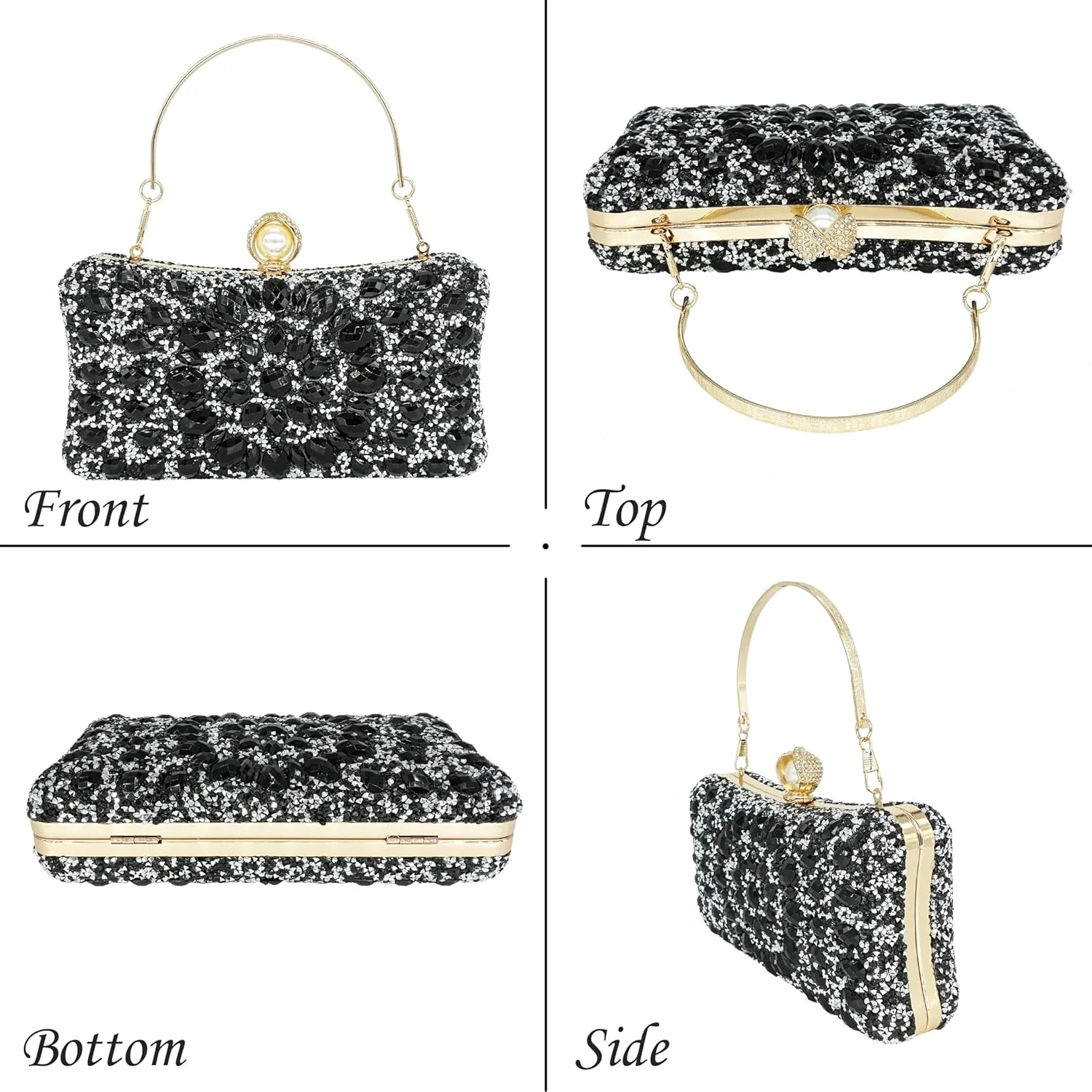 Rhinestone Clutch Purses for Women Evening Wedding Formal - Round Pearl Clasp Handbag - Crystal Diamond Bag
