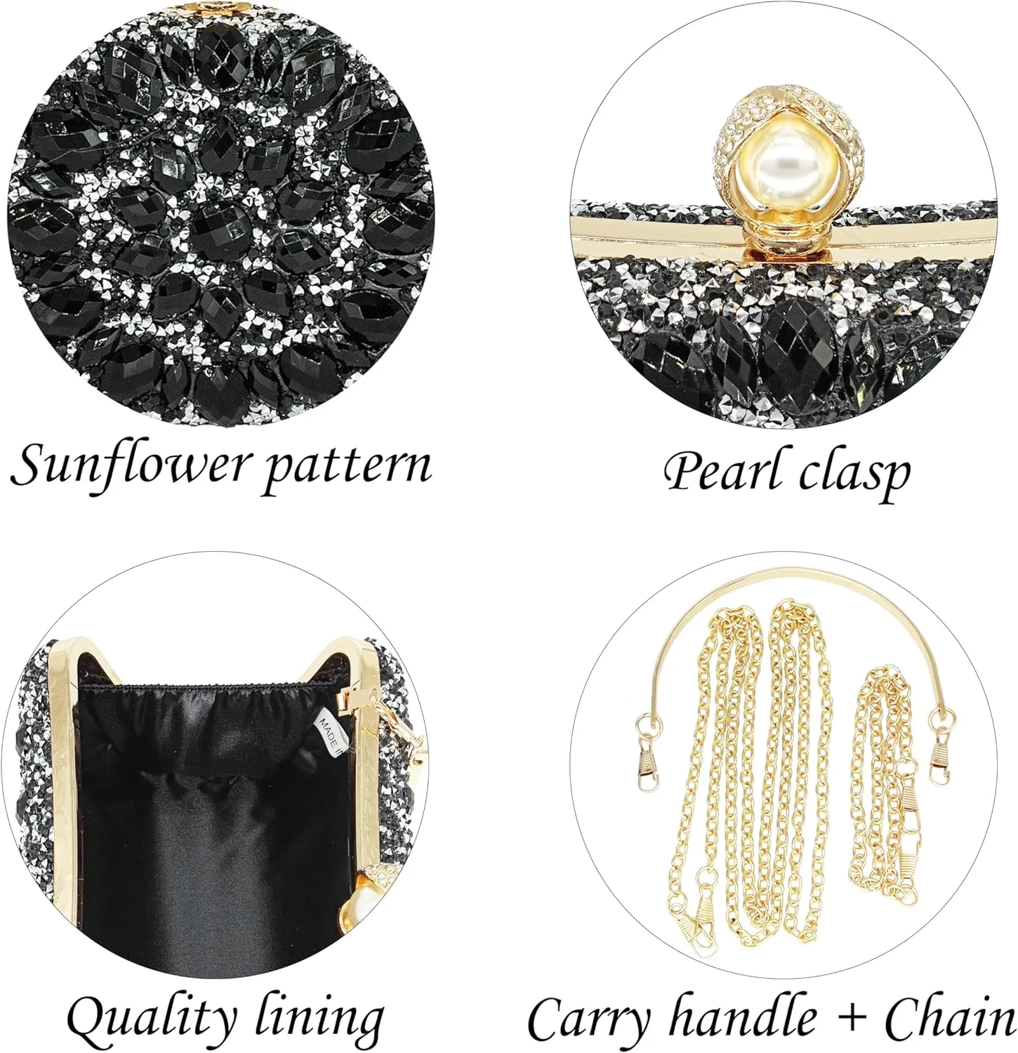Rhinestone Clutch Purses for Women Evening Wedding Formal - Round Pearl Clasp Handbag - Crystal Diamond Bag