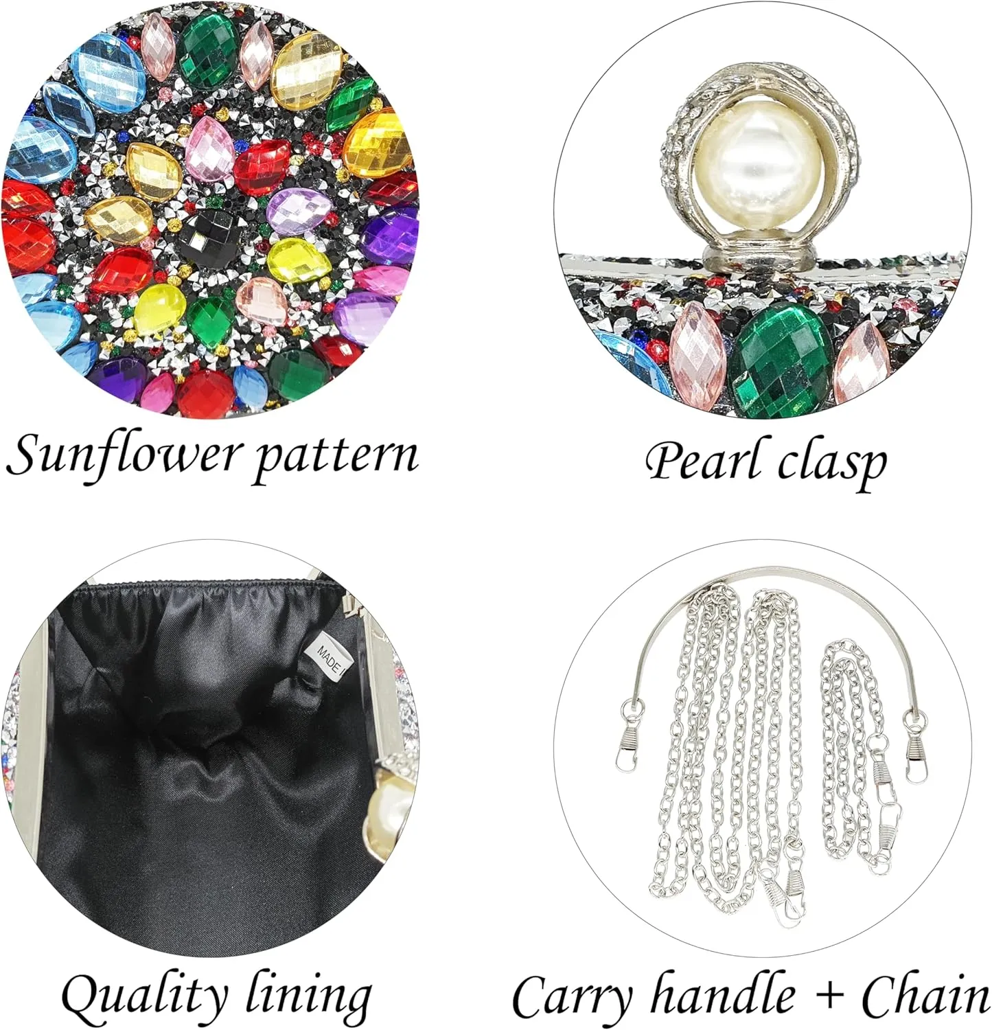 Rhinestone Clutch Purses for Women Evening Wedding Formal - Round Pearl Clasp Handbag - Crystal Diamond Bag