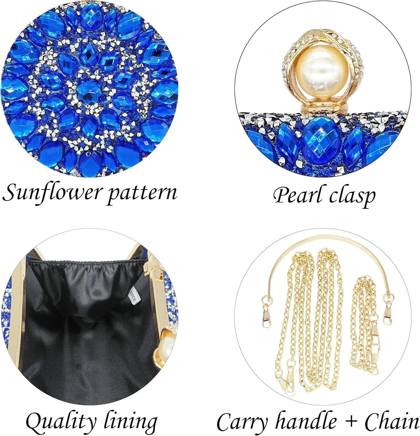 Rhinestone Clutch Purses for Women Evening Wedding Formal - Round Pearl Clasp Handbag - Crystal Diamond Bag