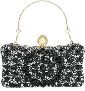 Rhinestone Clutch Purses for Women Evening Wedding Formal - Round Pearl Clasp Handbag - Crystal Diamond Bag