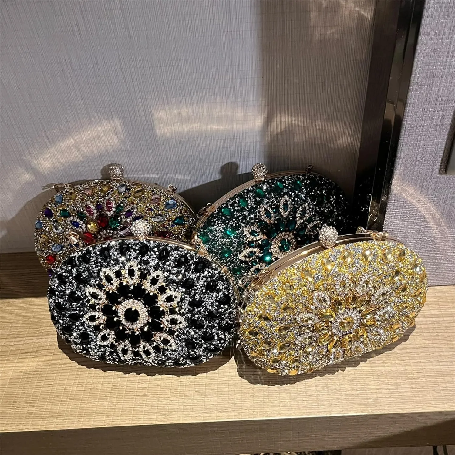 Rhinestone Evening Clutch Purses for Women, Wedding Round Pearl Party Handbag Crystal Clasp Glitter Sparkly Bag