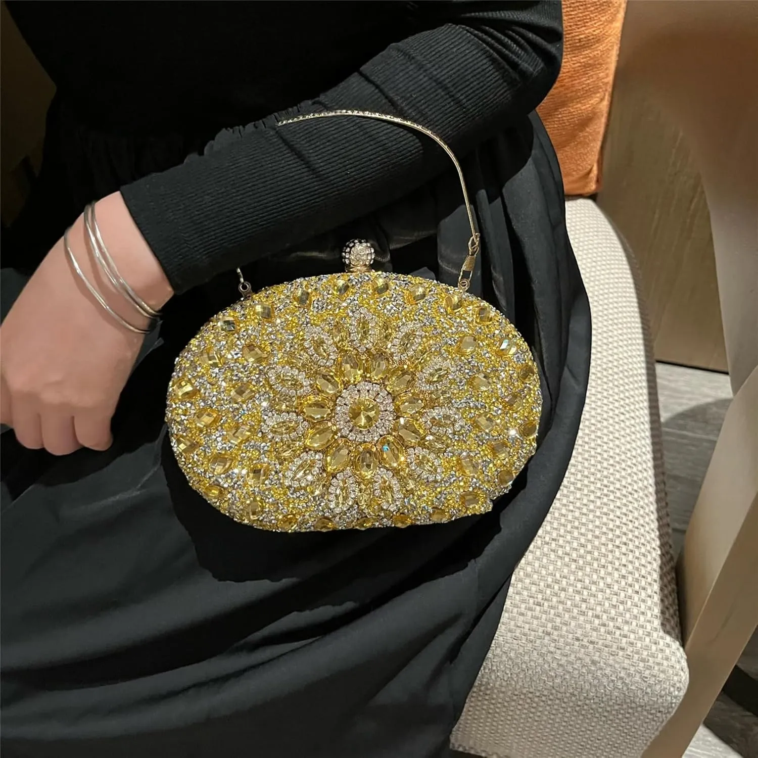 Rhinestone Evening Clutch Purses for Women, Wedding Round Pearl Party Handbag Crystal Clasp Glitter Sparkly Bag
