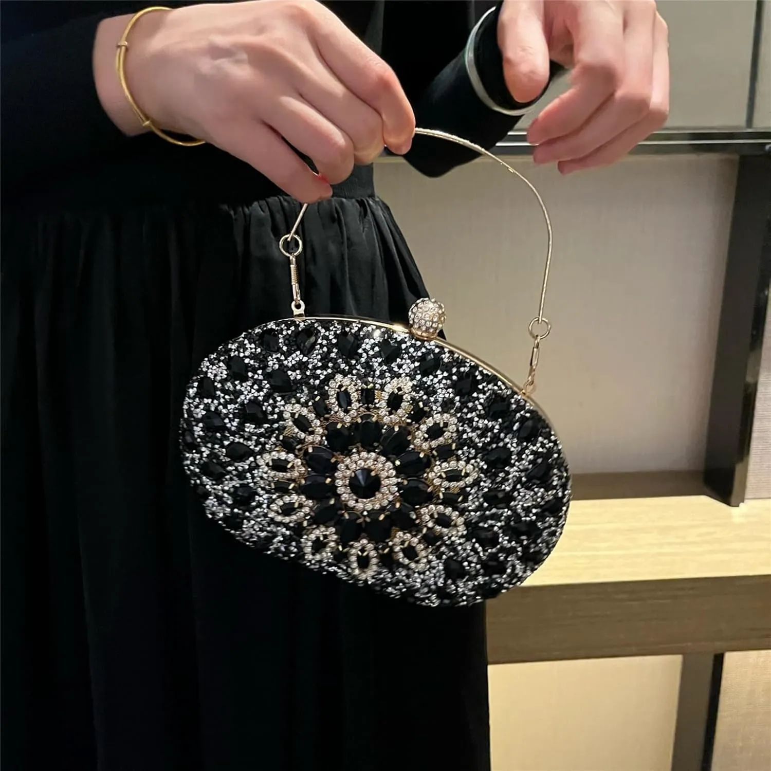 Rhinestone Evening Clutch Purses for Women, Wedding Round Pearl Party Handbag Crystal Clasp Glitter Sparkly Bag