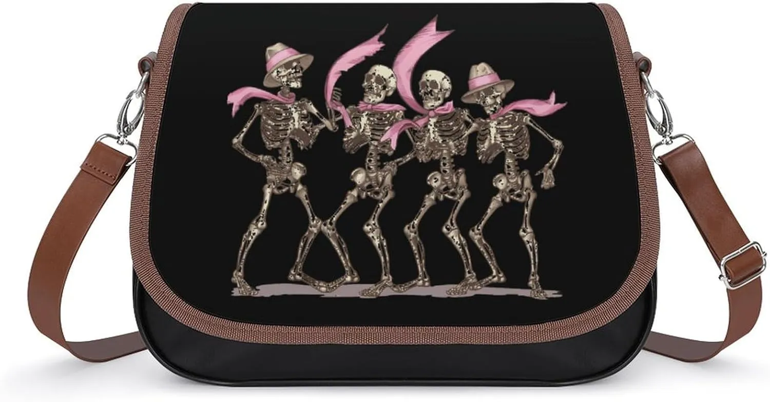 Ribbon Breast Cancer Awareness Skeleton Messenger Bag for Women PU Leather Crossbody Bags Shoulder Handbags Purse