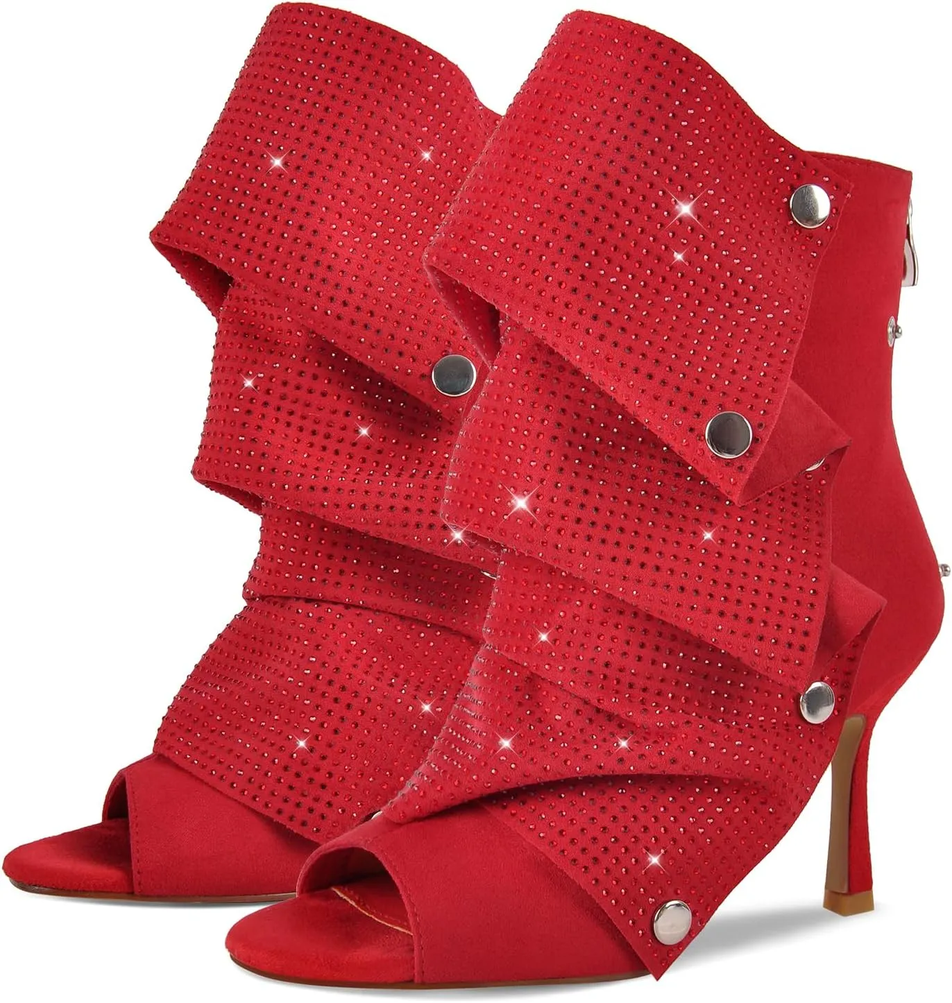 richealnini Peep Toe Stiletto Kitten Heel Sandals Fold Over Slouchy Shark Ankle Boots with Detachable Snap Button Glitter Back Zipper Short Booties