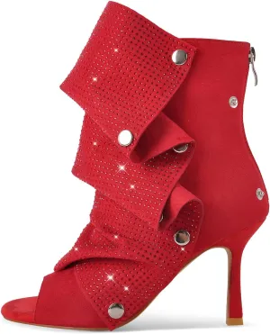 richealnini Peep Toe Stiletto Kitten Heel Sandals Fold Over Slouchy Shark Ankle Boots with Detachable Snap Button Glitter Back Zipper Short Booties