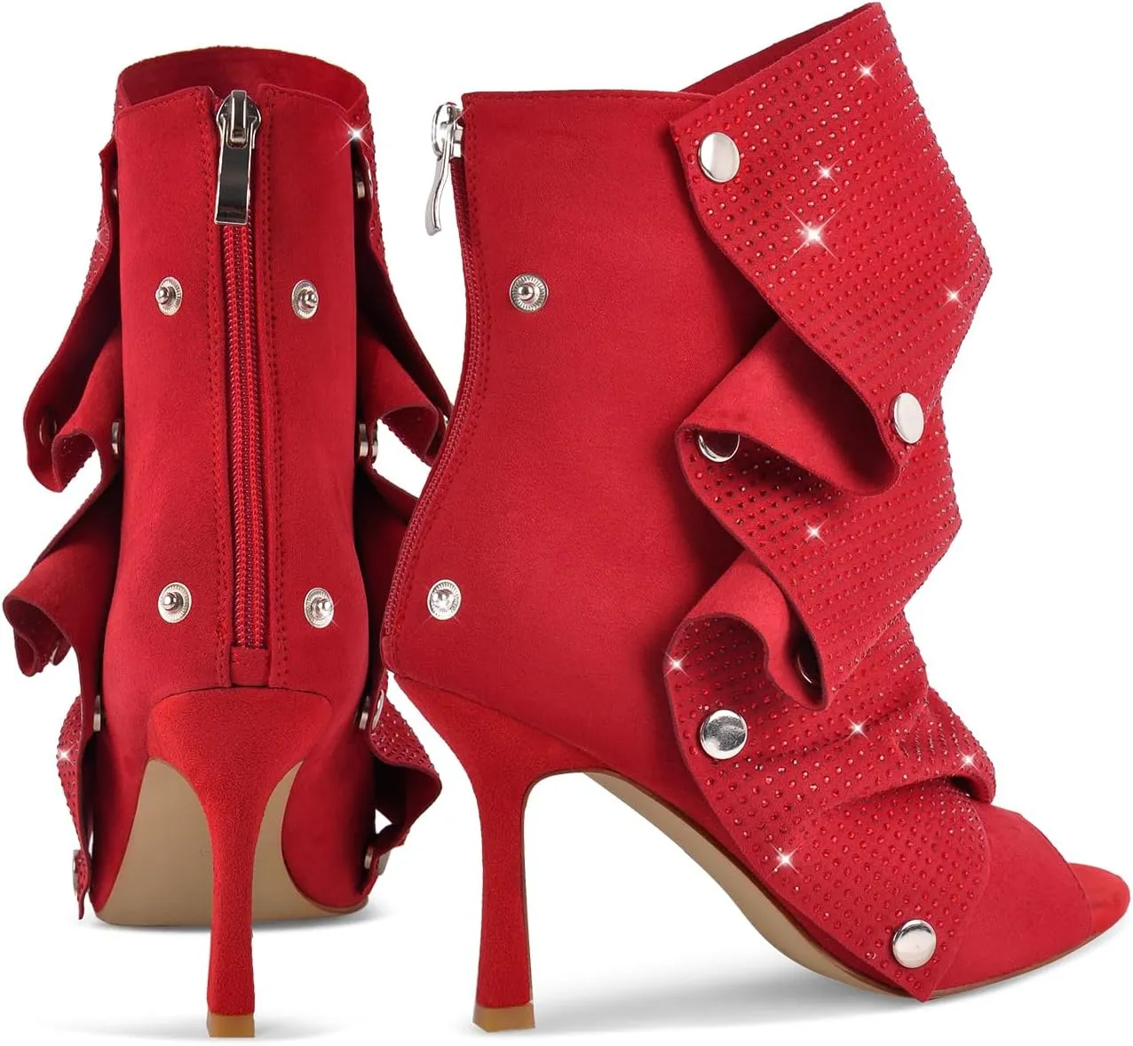 richealnini Peep Toe Stiletto Kitten Heel Sandals Fold Over Slouchy Shark Ankle Boots with Detachable Snap Button Glitter Back Zipper Short Booties