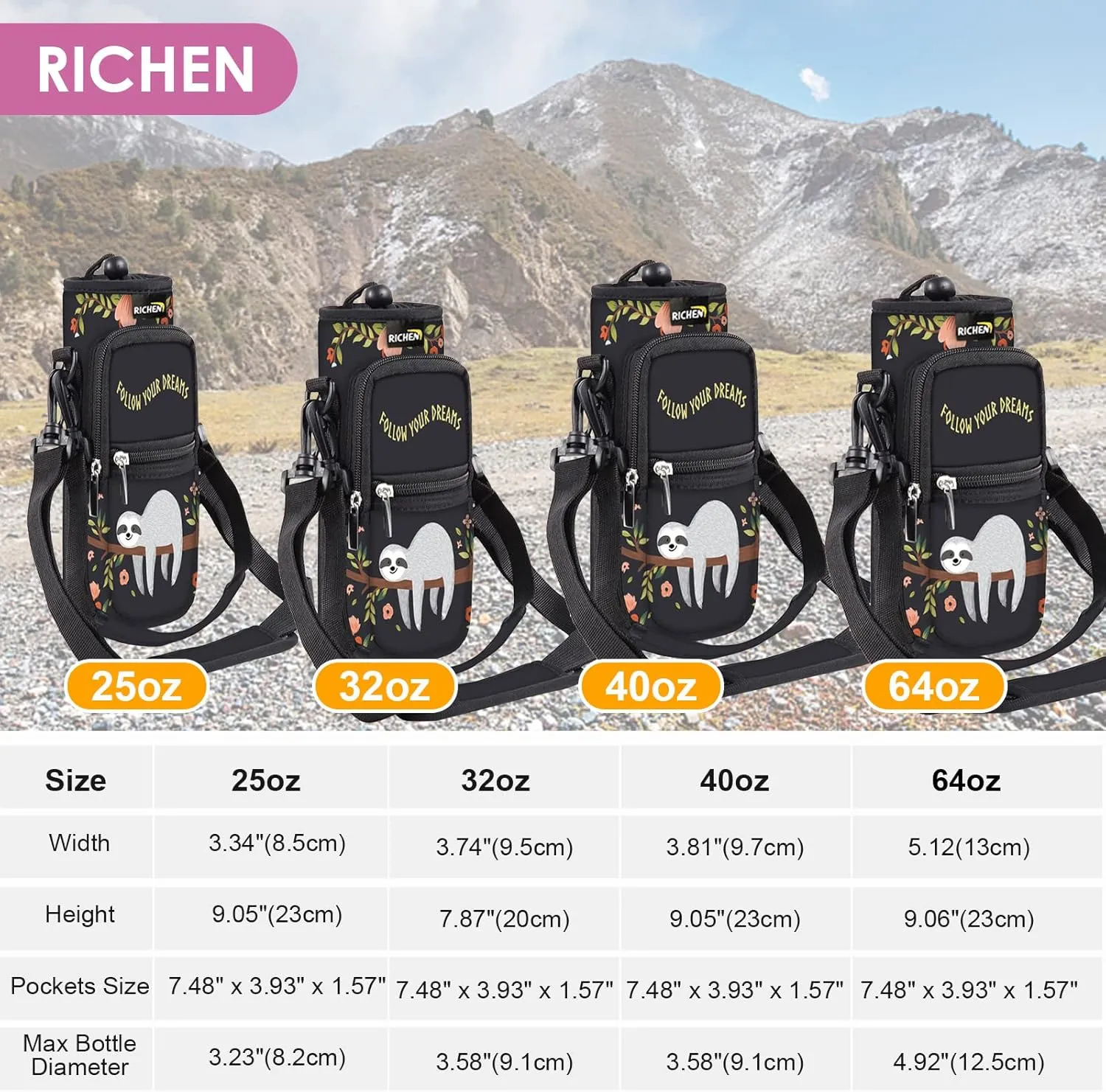RICHEN Neoprene Water Bottle Carrier Bag 25/32/40/64 oz, Bottle Pouch Holder with Adjustable Padded Shoulder & Handle Strap and Front Pockets for Men/Women Hiking Travelling Camping