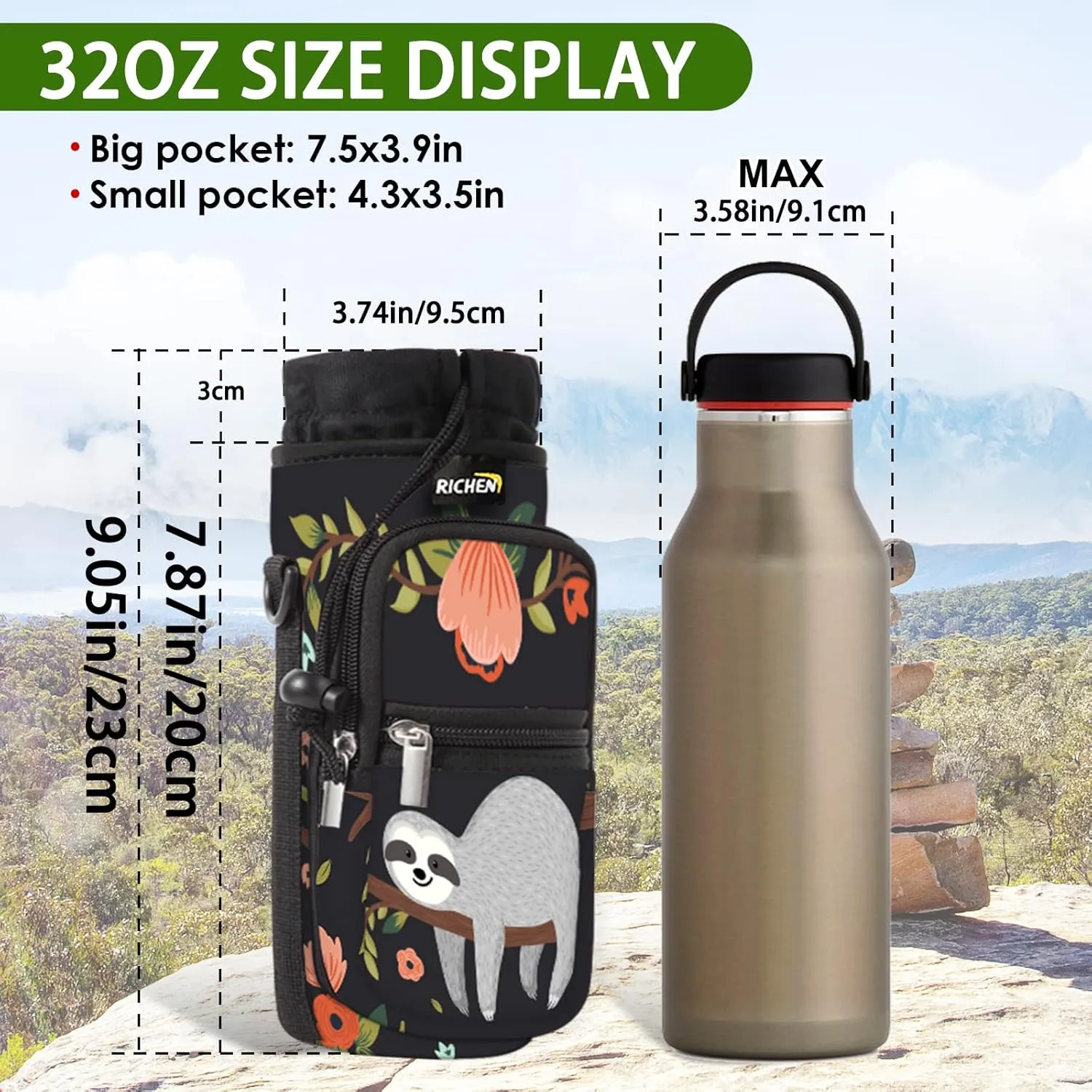 RICHEN Neoprene Water Bottle Carrier Bag 25/32/40/64 oz, Bottle Pouch Holder with Adjustable Padded Shoulder & Handle Strap and Front Pockets for Men/Women Hiking Travelling Camping
