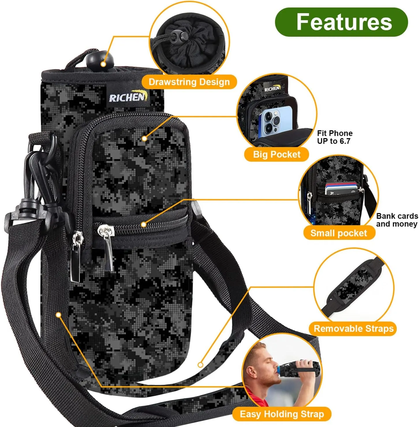 RICHEN Neoprene Water Bottle Carrier Bag 25/32/40/64 oz, Bottle Pouch Holder with Adjustable Padded Shoulder & Handle Strap and Front Pockets for Men/Women Hiking Travelling Camping