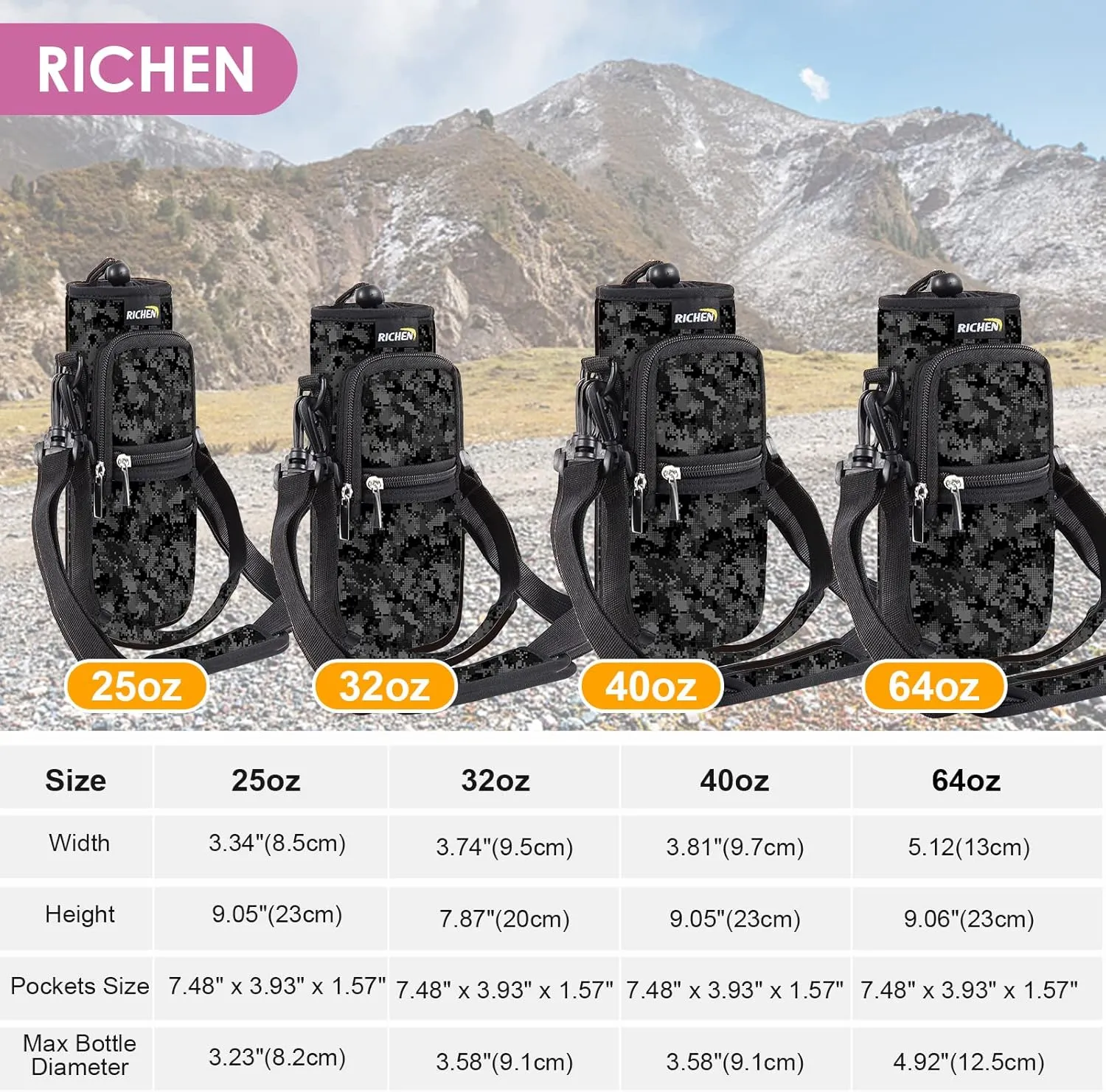 RICHEN Neoprene Water Bottle Carrier Bag 25/32/40/64 oz, Bottle Pouch Holder with Adjustable Padded Shoulder & Handle Strap and Front Pockets for Men/Women Hiking Travelling Camping