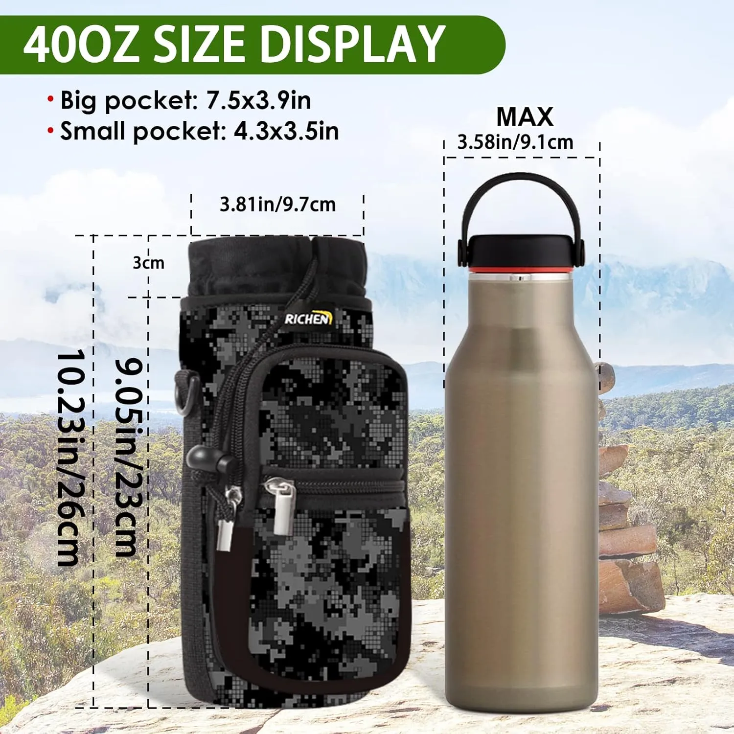 RICHEN Neoprene Water Bottle Carrier Bag 25/32/40/64 oz, Bottle Pouch Holder with Adjustable Padded Shoulder & Handle Strap and Front Pockets for Men/Women Hiking Travelling Camping