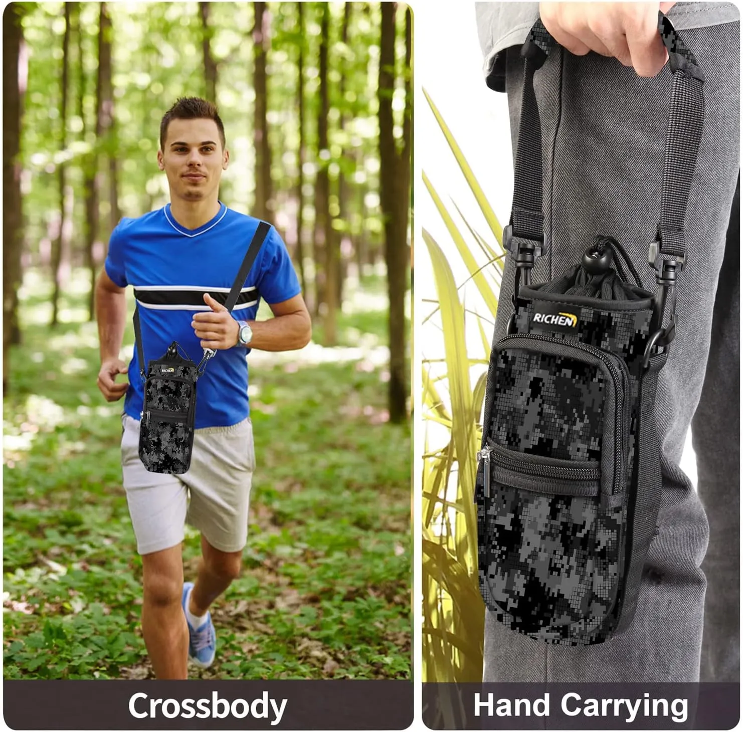 RICHEN Neoprene Water Bottle Carrier Bag 25/32/40/64 oz, Bottle Pouch Holder with Adjustable Padded Shoulder & Handle Strap and Front Pockets for Men/Women Hiking Travelling Camping