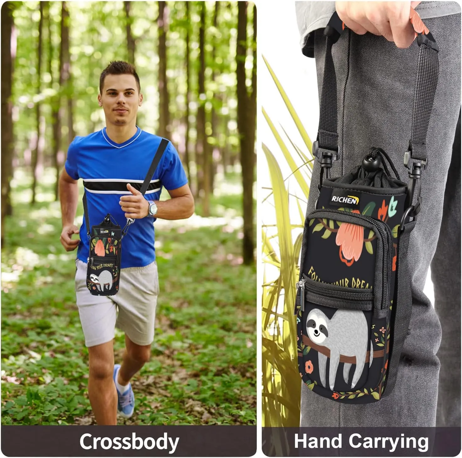 RICHEN Neoprene Water Bottle Carrier Bag 25/32/40/64 oz, Bottle Pouch Holder with Adjustable Padded Shoulder & Handle Strap and Front Pockets for Men/Women Hiking Travelling Camping