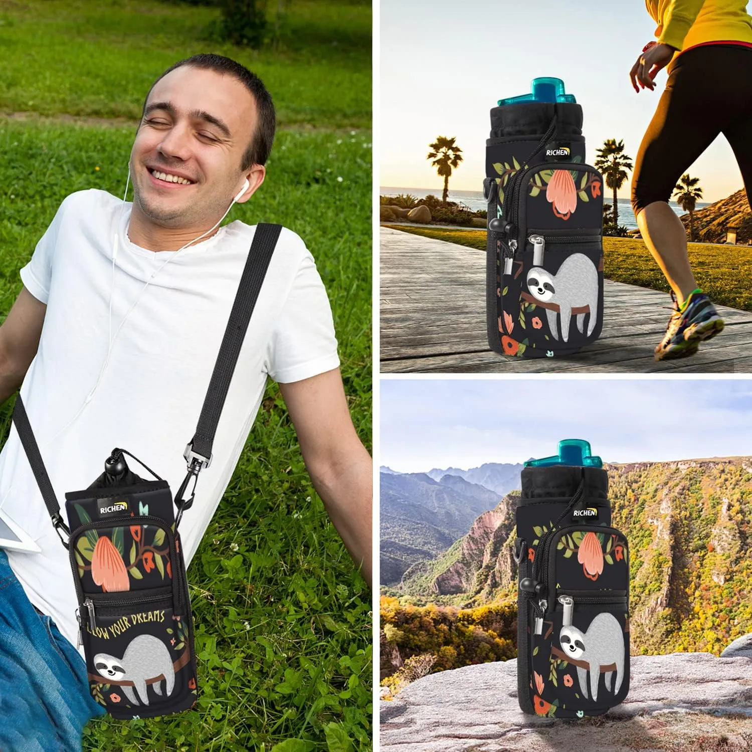 RICHEN Neoprene Water Bottle Carrier Bag 25/32/40/64 oz, Bottle Pouch Holder with Adjustable Padded Shoulder & Handle Strap and Front Pockets for Men/Women Hiking Travelling Camping