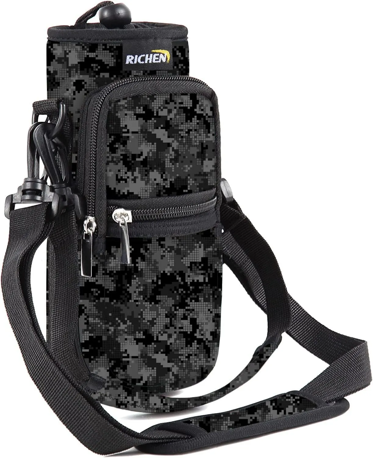 RICHEN Neoprene Water Bottle Carrier Bag 25/32/40/64 oz, Bottle Pouch Holder with Adjustable Padded Shoulder & Handle Strap and Front Pockets for Men/Women Hiking Travelling Camping