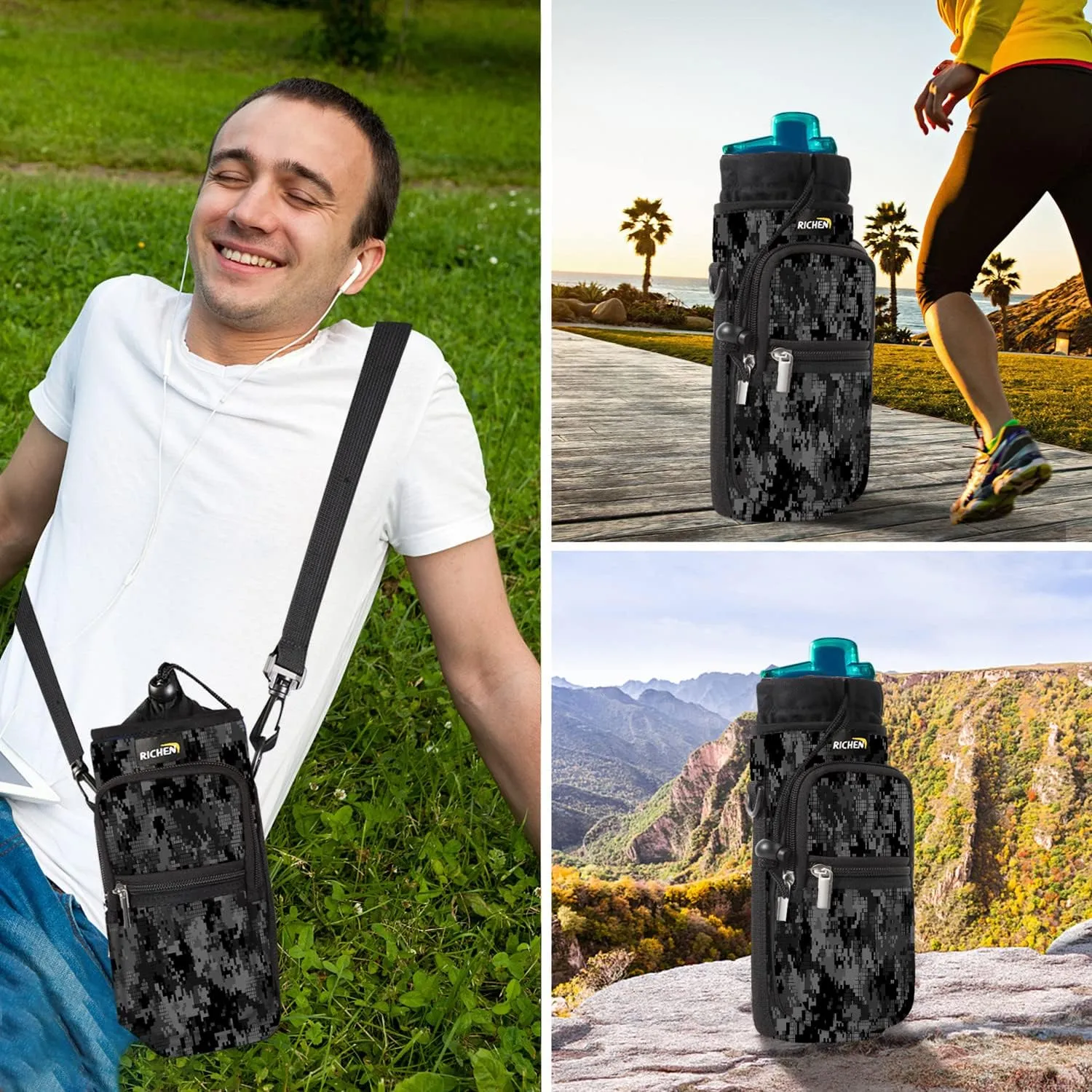 RICHEN Neoprene Water Bottle Carrier Bag 25/32/40/64 oz, Bottle Pouch Holder with Adjustable Padded Shoulder & Handle Strap and Front Pockets for Men/Women Hiking Travelling Camping