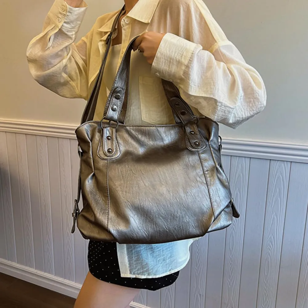 RICHTRUE Gloss Leather Tote Bag Work Tote Bag Y2k Shoulder Bag Crossbody Grunge Leather Crossbody Bags Women Studded Purse