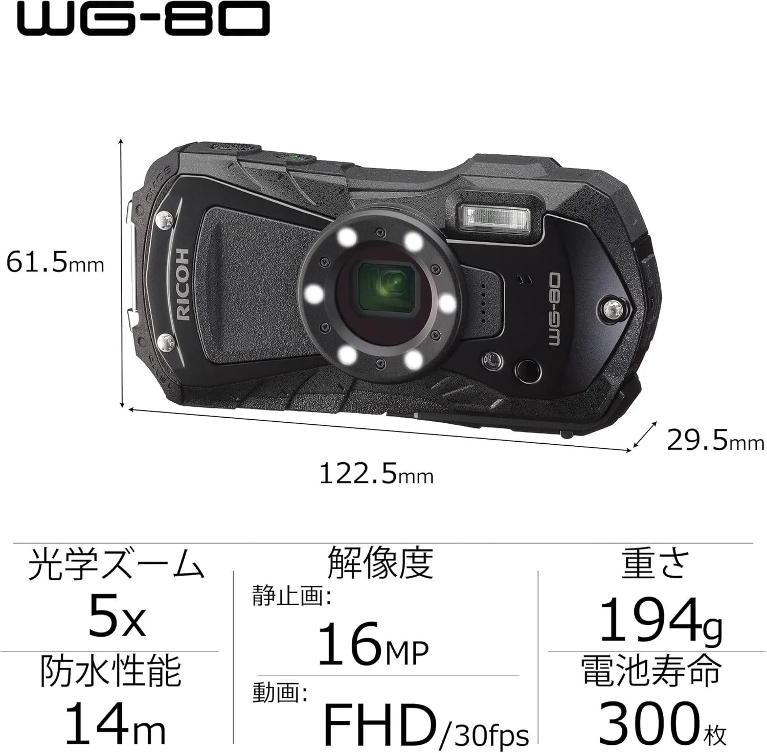 Ricoh WG-80 Black Waterproof Digital Camera Shockproof Freezeproof Crushproof (International Version)
