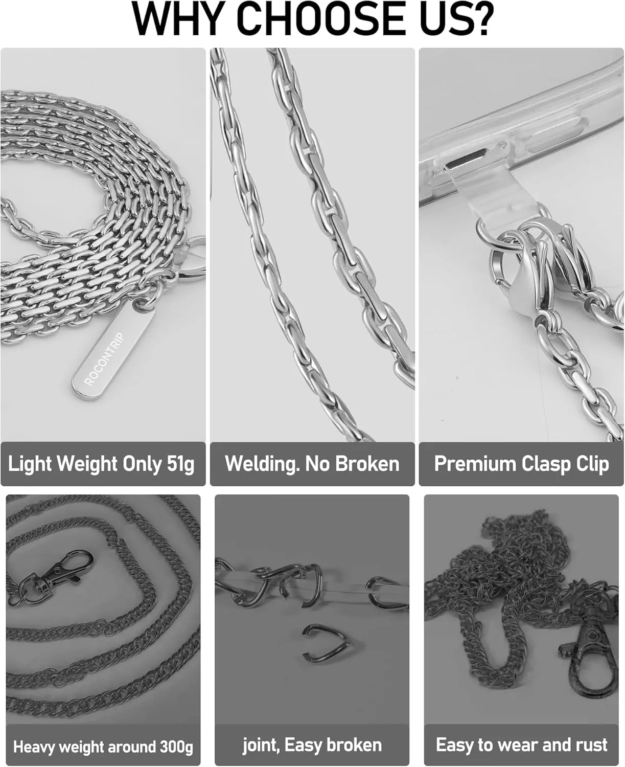 ROCONTRIP Phone Chain Crossbody Phone Strap with 2 Tether Tabs Detachable iPhone Lanyard Chain for All Phones Premium Metal Buckles,Non-Rust,Unbreak Cellphone Neck Lanyard for Travel Essentials