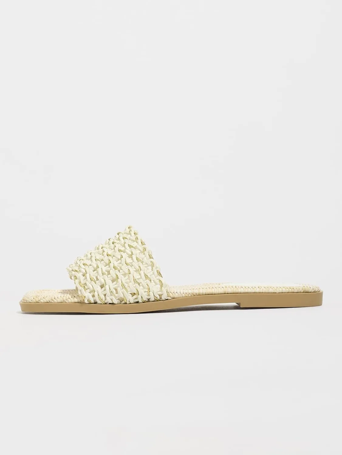 Romantic Woven Mules for Women – Pearl-Embroidered Lace Flower Straps with Gold Lettering, Comfortable Flat Sandals for Vacation, Shopping & Summer Outings
