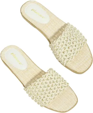 Romantic Woven Mules for Women – Pearl-Embroidered Lace Flower Straps with Gold Lettering, Comfortable Flat Sandals for Vacation, Shopping & Summer Outings