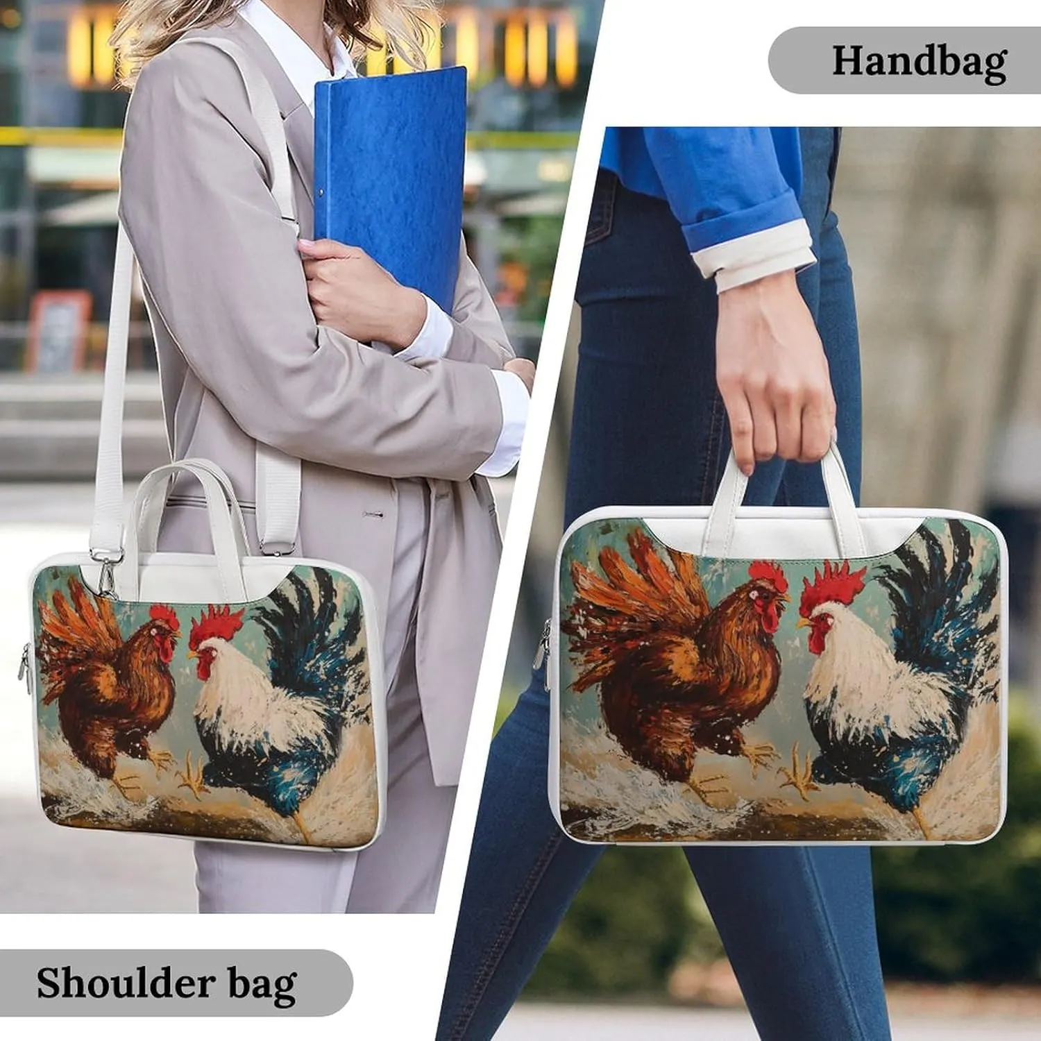 Rooster Fighting Leather Bag Laptop Case Slim Water Resistant Computer Bags with Handle Briefcase for Work