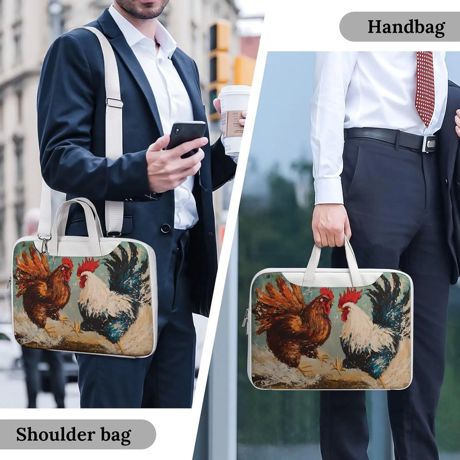 Rooster Fighting Leather Bag Laptop Case Slim Water Resistant Computer Bags with Handle Briefcase for Work