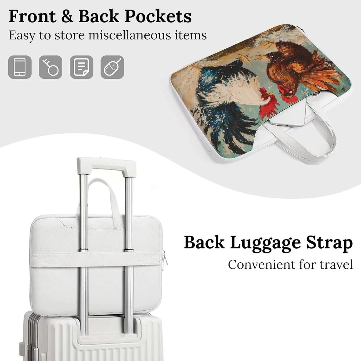 Rooster Fighting Leather Bag Laptop Case Slim Water Resistant Computer Bags with Handle Briefcase for Work