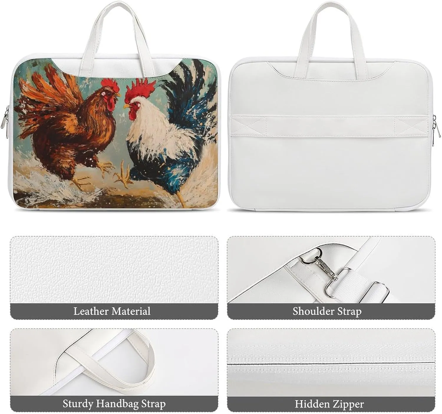 Rooster Fighting Leather Bag Laptop Case Slim Water Resistant Computer Bags with Handle Briefcase for Work