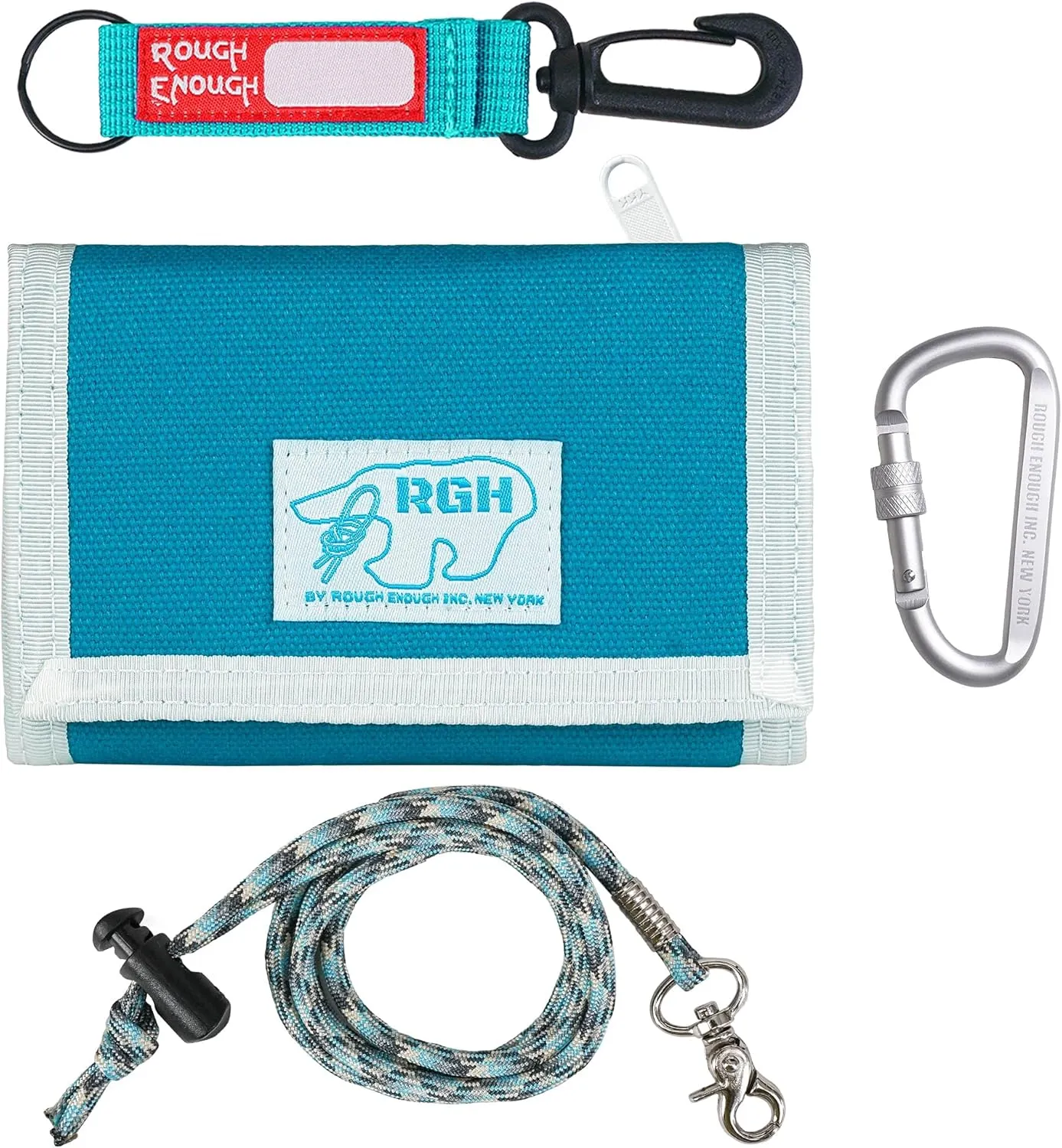 Rough Enough Kids Wallet for Boys Teen with Neck Lanyard Strap Keychain Zipper Coin Pocket Card Holder Light Blue Canvas