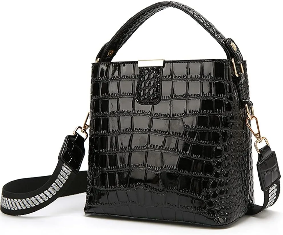 ROUROU Glossy Handbag for Women Crocodile Print Shoulder Bag Synthetic Leather Crossbody Bag Retro Purse Bucket Bag