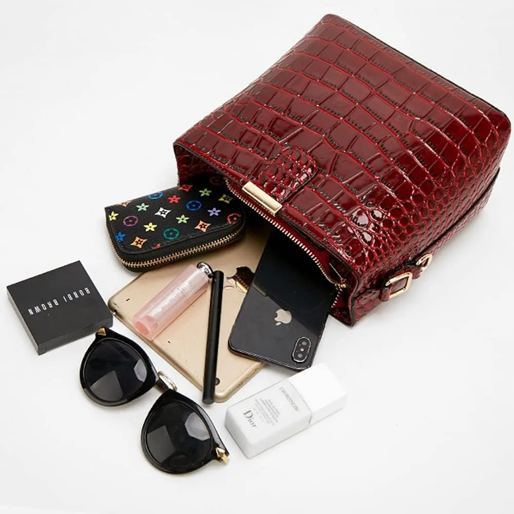 ROUROU Glossy Handbag for Women Crocodile Print Shoulder Bag Synthetic Leather Crossbody Bag Retro Purse Bucket Bag