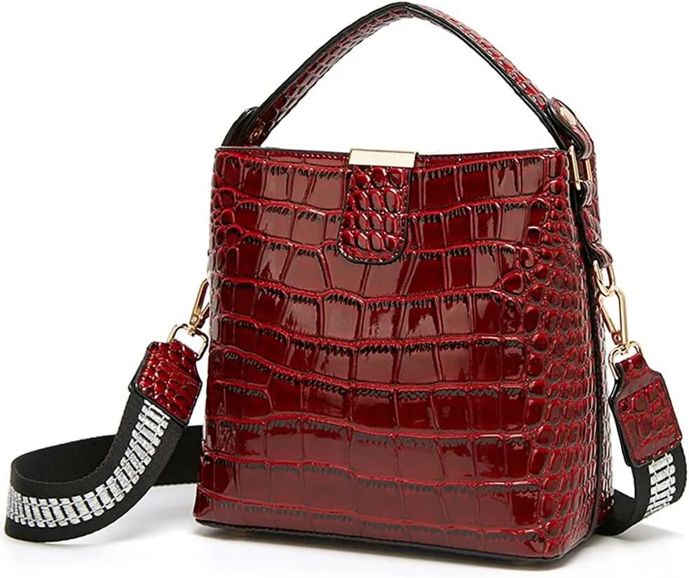 ROUROU Glossy Handbag for Women Crocodile Print Shoulder Bag Synthetic Leather Crossbody Bag Retro Purse Bucket Bag