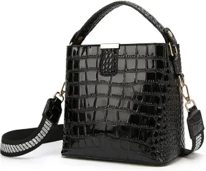ROUROU Glossy Handbag for Women Crocodile Print Shoulder Bag Synthetic Leather Crossbody Bag Retro Purse Bucket Bag