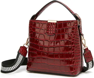 ROUROU Glossy Handbag for Women Crocodile Print Shoulder Bag Synthetic Leather Crossbody Bag Retro Purse Bucket Bag