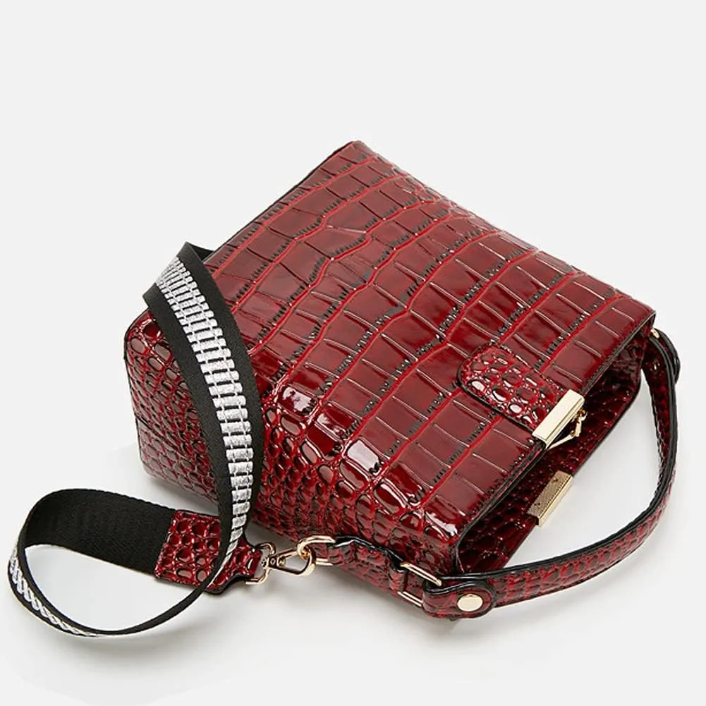 ROUROU Glossy Handbag for Women Crocodile Print Shoulder Bag Synthetic Leather Crossbody Bag Retro Purse Bucket Bag